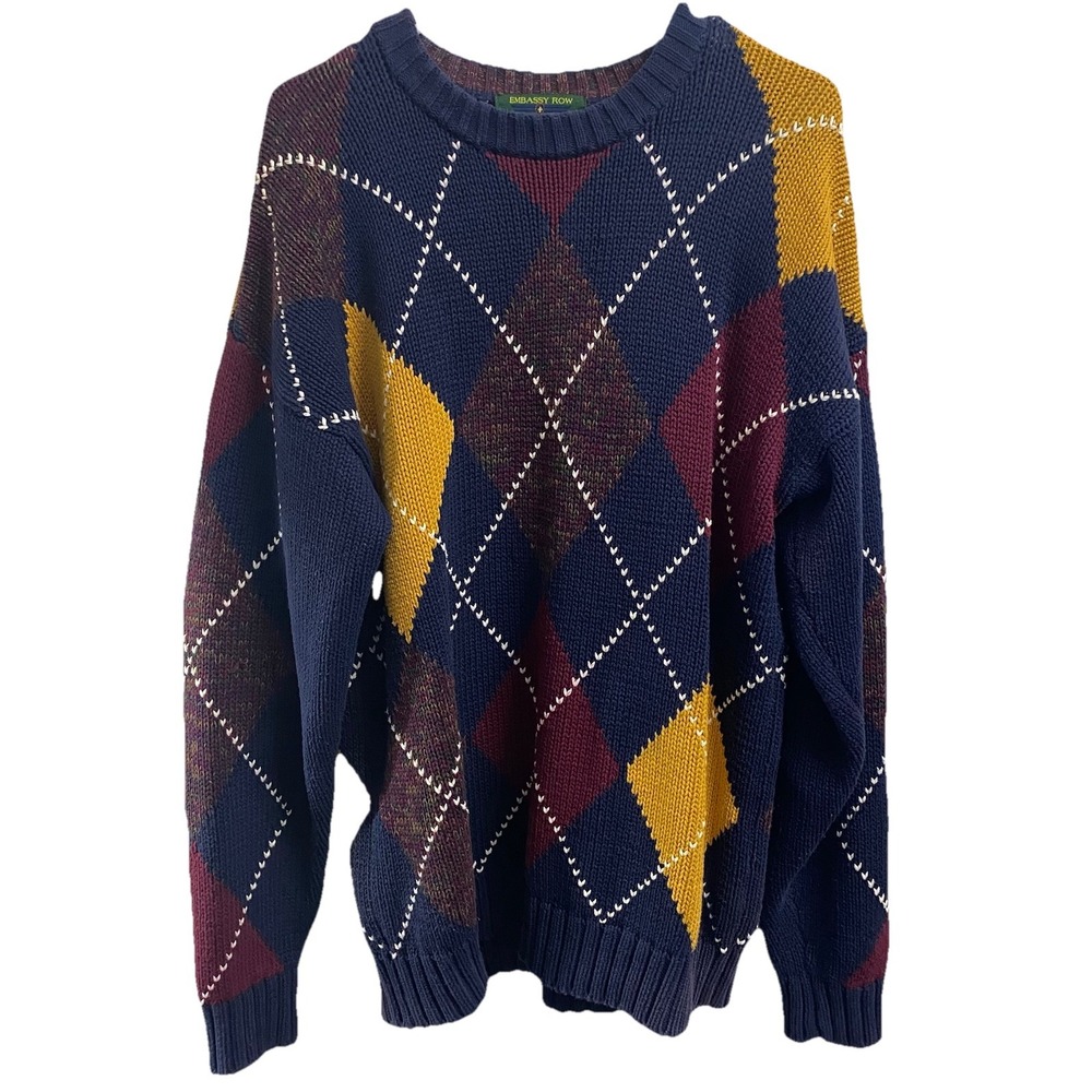 Vintage Embassy Row Men's Argyle 100% Cotton Navy/Yellow/Burgundy Sweater Sz. L‎